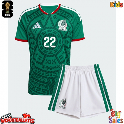 Mexico Hirving Lozano #22 Replica Home Stadium Kit for Kids World Cup 2026 Short Sleeve (+ pants)